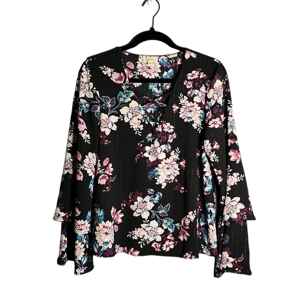 Lily White Black Purple Floral Flowy Sleeve Blouse Large